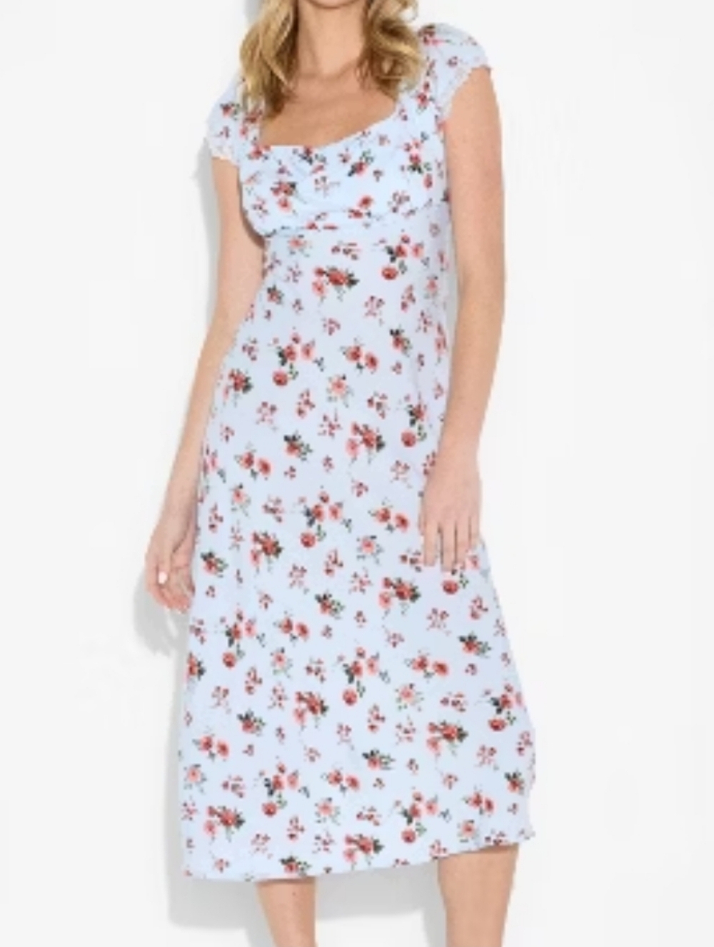 Wild Fable Blue With Floral Design Cap Sleeve Maxi A-Line Dress Size Small